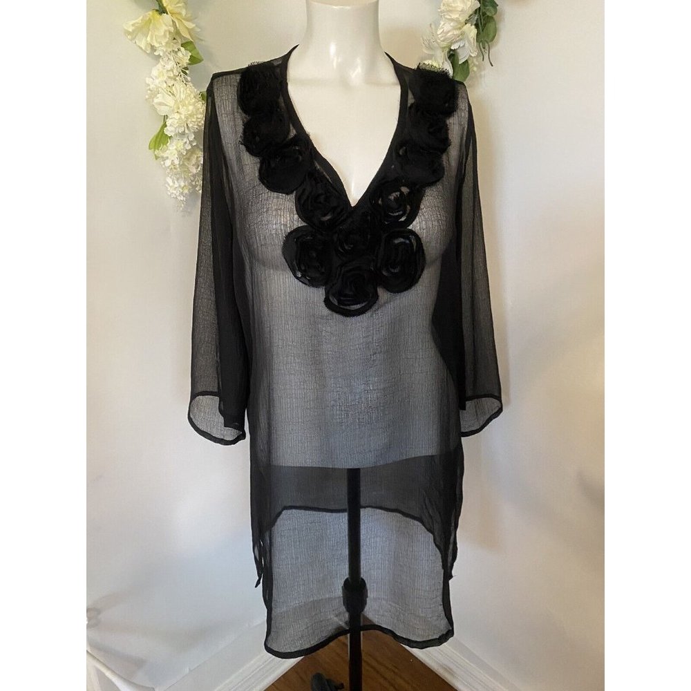 CZ Tunic Size M Boutique Coverup Sheer V Neck Black Shirt Cruise Wear Flower Vtg